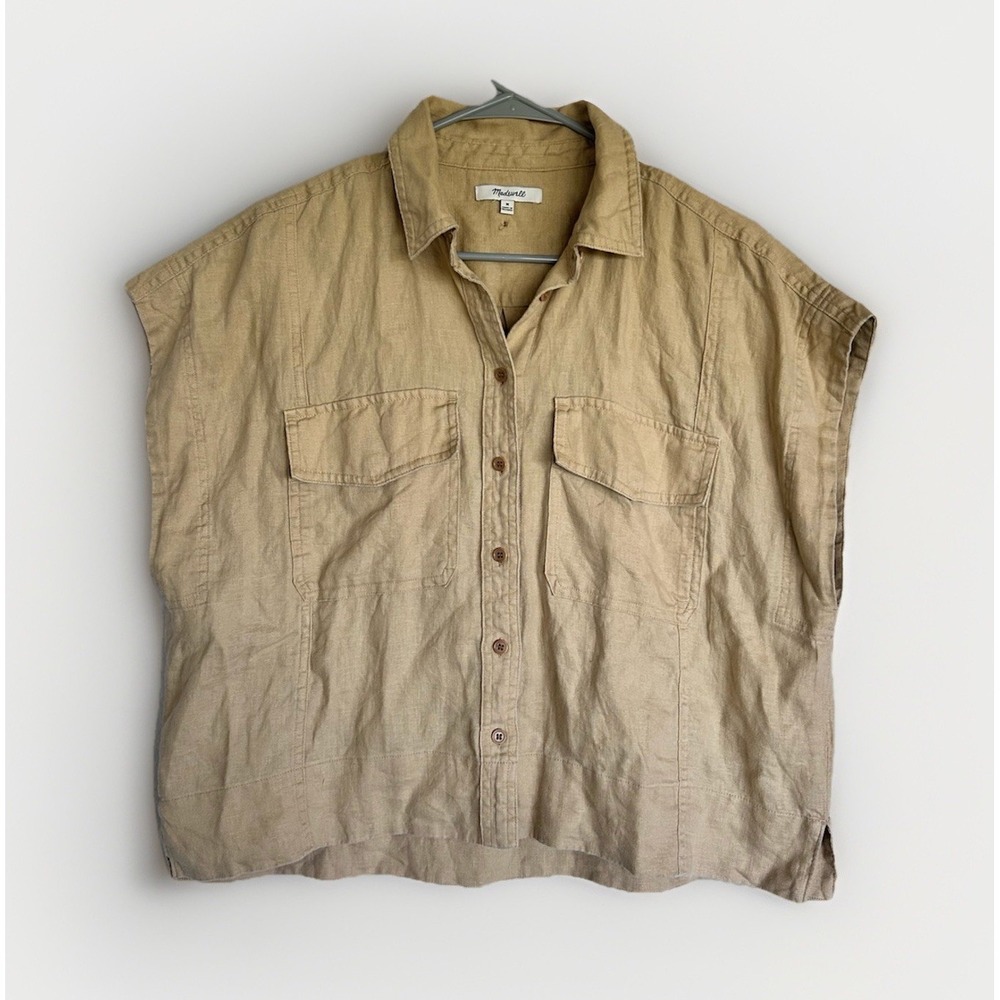 Madewell Flap-Pocket Button-Up Shirt 100% Linen Desert Dune Cropped Lagenlook M - Picture 4 of 7